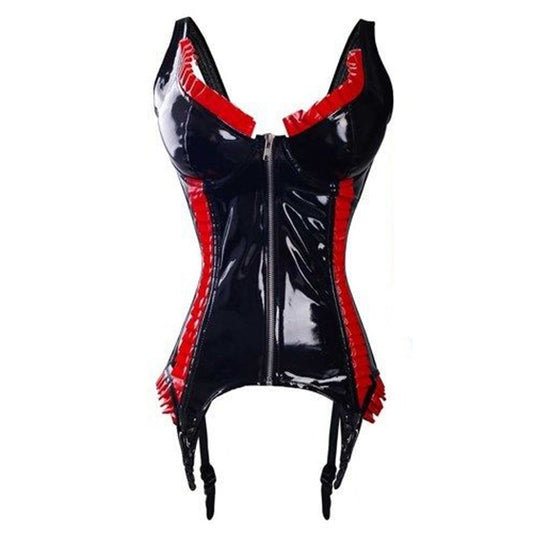 Sexy black red ruffled PVC latex corset